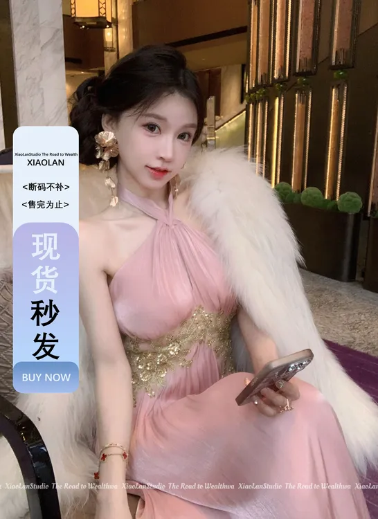 小岚同学「希腊神女」「不可机洗」「原创」气质法式挂脖小众长款连衣裙