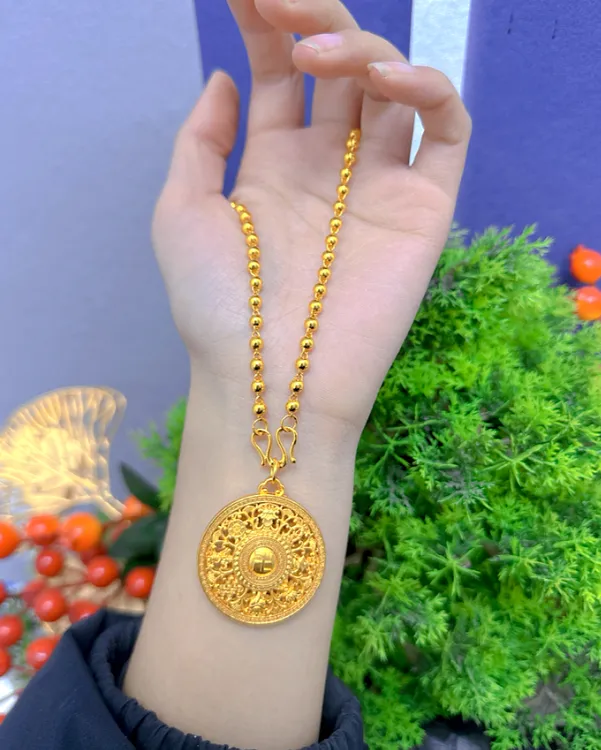 铜合金项链 4N双面珠珠链万字八宝罗盘 m扣镀K金古法时尚金色