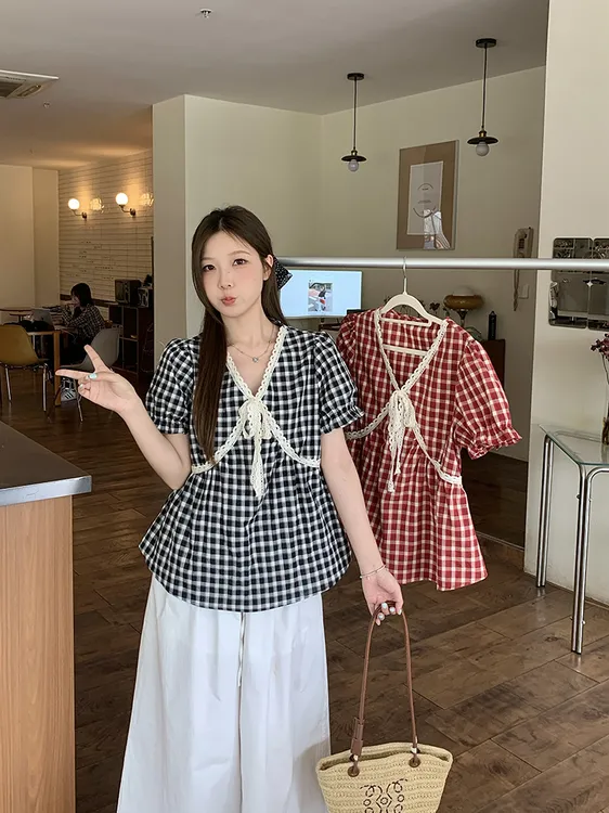 2025夏装新款胖mm大码女时尚甜美蕾丝花边格子小衫短袖上衣22019