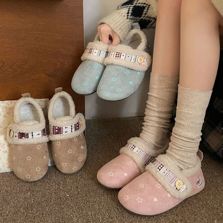 复古费尔岛全包加绒勃肯鞋女2025新款冬季保暖毛毛棉鞋厚底雪地靴