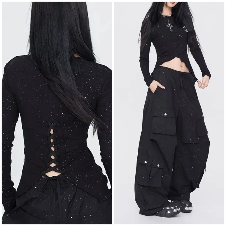 街舞潮牌黑色星河闪光后背绑带性感修身长袖美式辣妹内搭上衣女