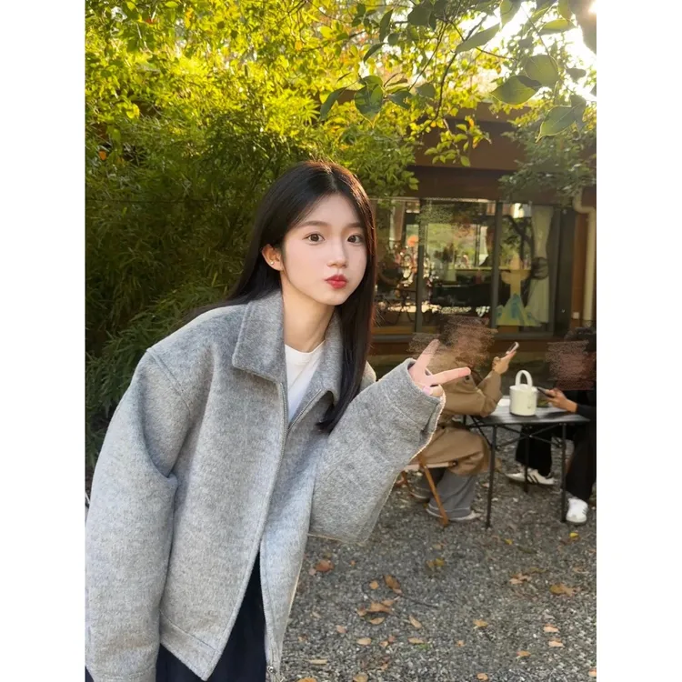 小香风灰色短款毛呢外套女2025春秋新款韩系高级感小个子呢子大衣