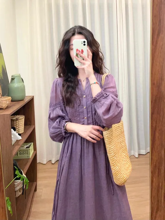 高级感超好看绝美紫色长袖连衣裙女秋季小个子气质显瘦通勤长款裙