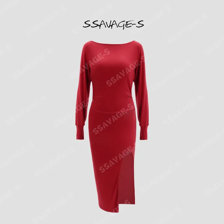 SSAVAGE“倾慕”南法美人立裁收腰荡褶开衩连衣裙SS90841