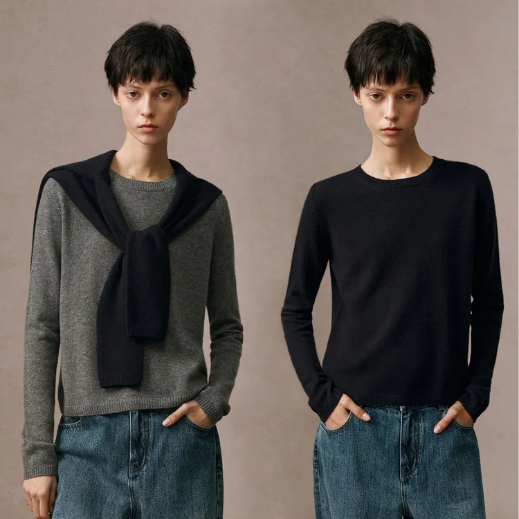 华吉言/HUAJIYAN【雪松】100山羊绒经典百搭修身圆领长袖打底上衣