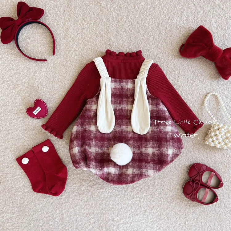 三小朵2816【格子兔】婴儿衣服秋冬蘑菇可爱女宝加绒加厚包屁