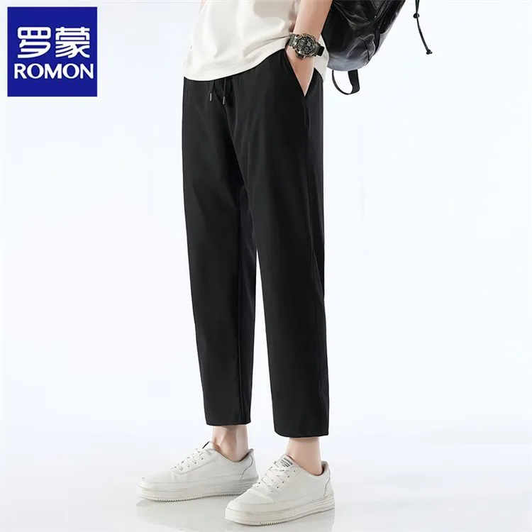 Romon/罗蒙冰丝纯色直筒百搭休闲裤男士夏季薄款日常通勤九分裤子