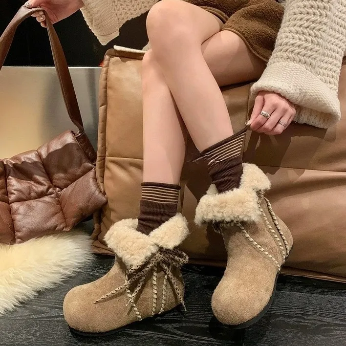 两穿内增高雪地靴女2025新款冬季加绒保暖棉鞋复古勃肯短靴
