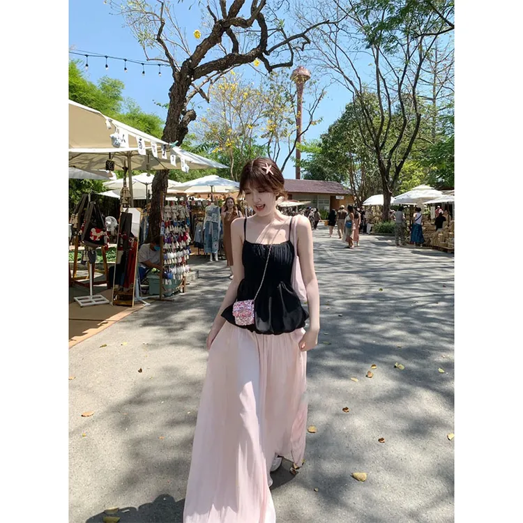 春夏新款海边度假风修身短款吊带背心上衣百搭显瘦高腰休闲半身裙