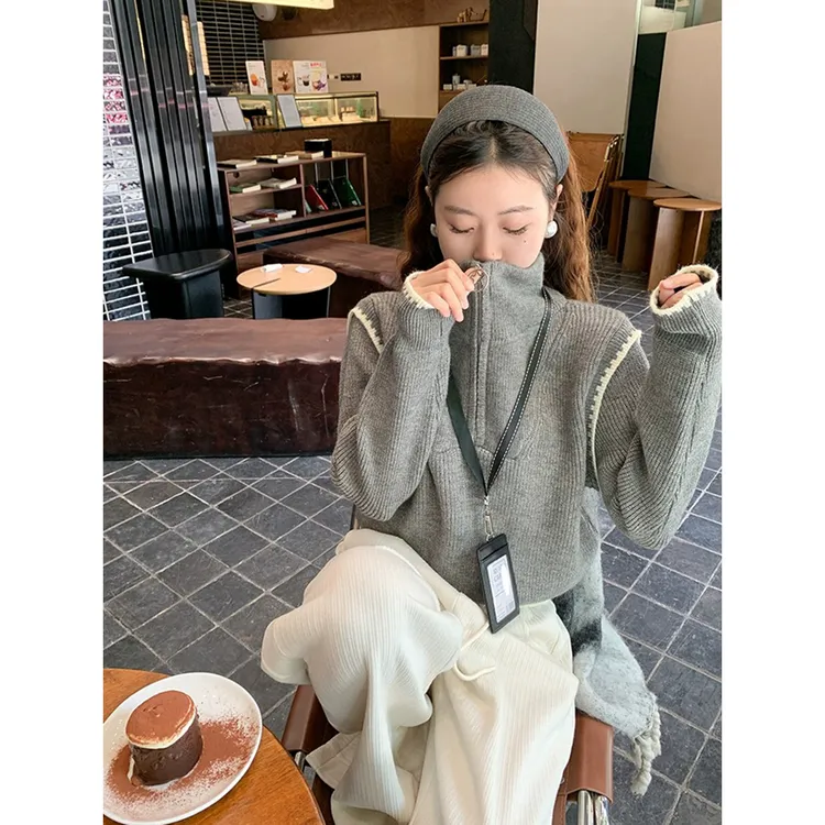 灰色半拉链高领套头毛衣女秋冬冬季加厚宽松设计感慵懒风针织上衣