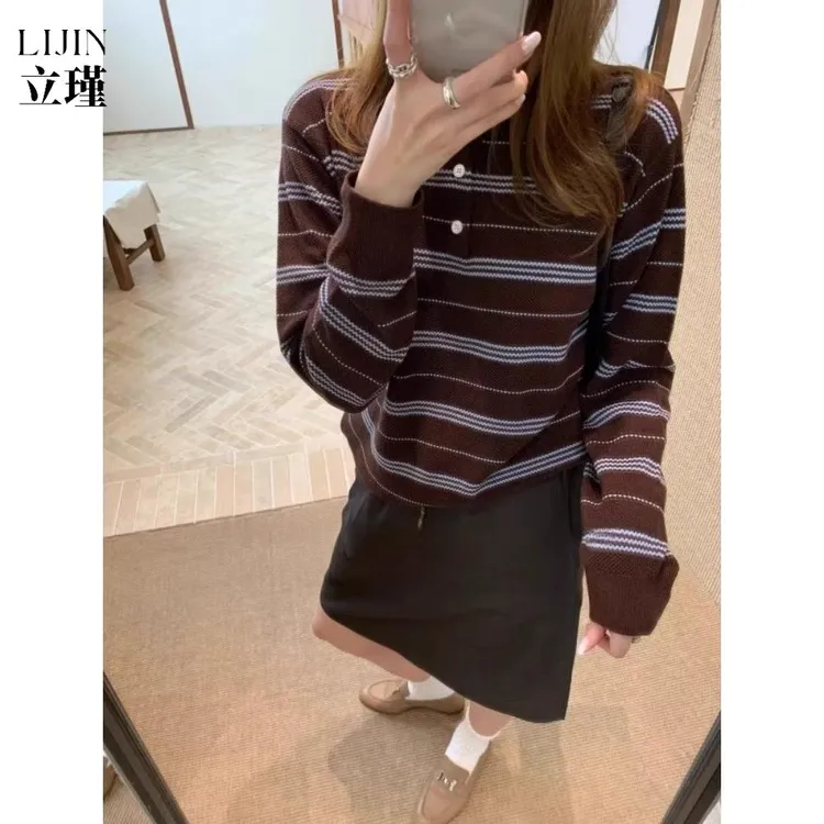 棕色条纹系针织衫女秋冬老钱学院风穿搭宽松毛衣长袖上衣