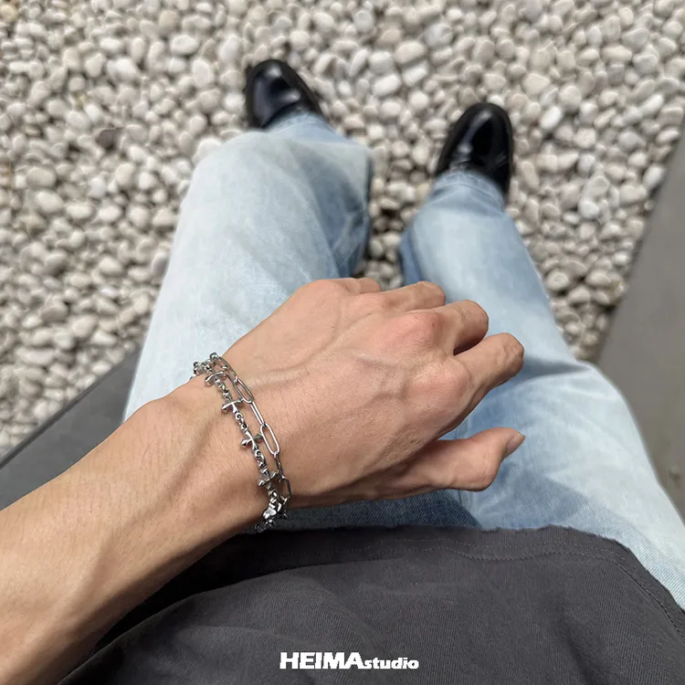 钛钢手链 原创四叶草双层手链男女痞帅小众嘻哈穿搭叠戴手饰