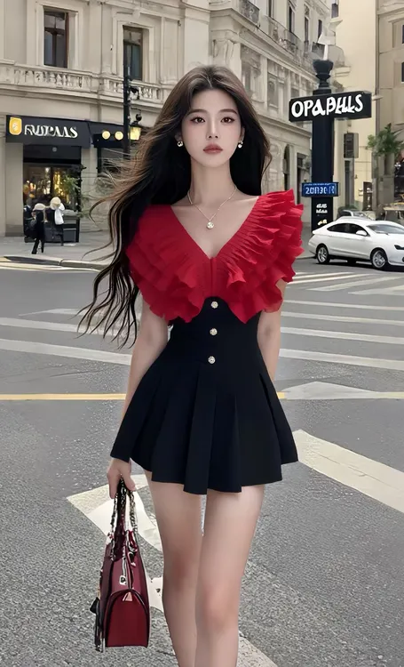 拼接性感V领辣妹纯欲氛围感新款夏季显瘦收腰连衣裙法式个性温柔