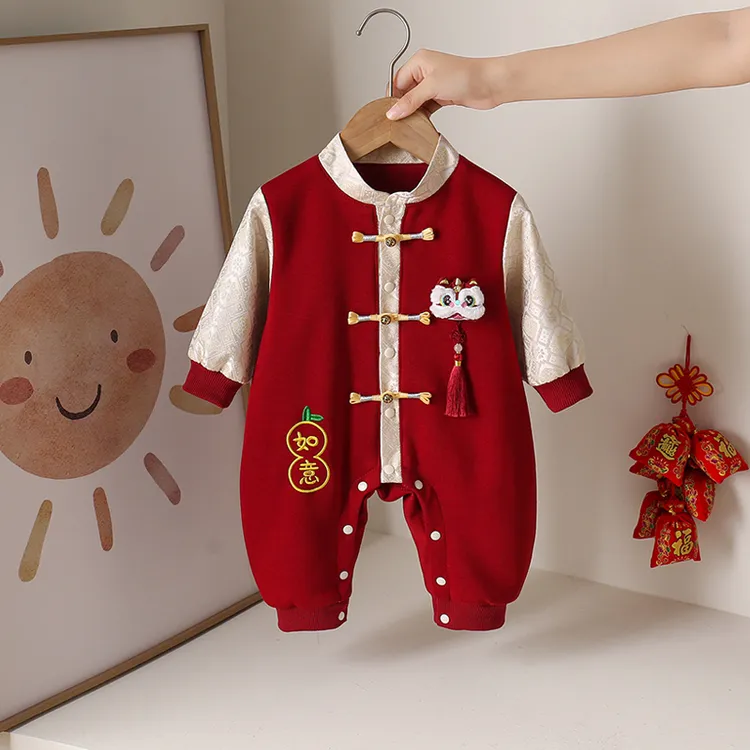 婴儿秋装中国风双层礼服连体衣百天宴周岁宝宝红色醒狮外出爬服