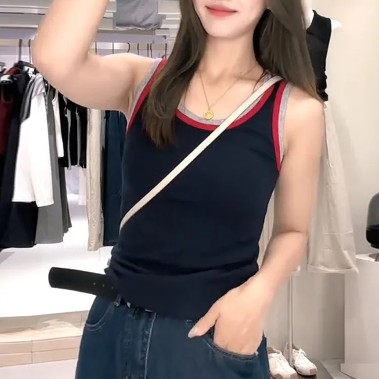 时尚撞色拼接无袖背心女2025夏季新款修身显瘦百搭洋气减龄小衫潮