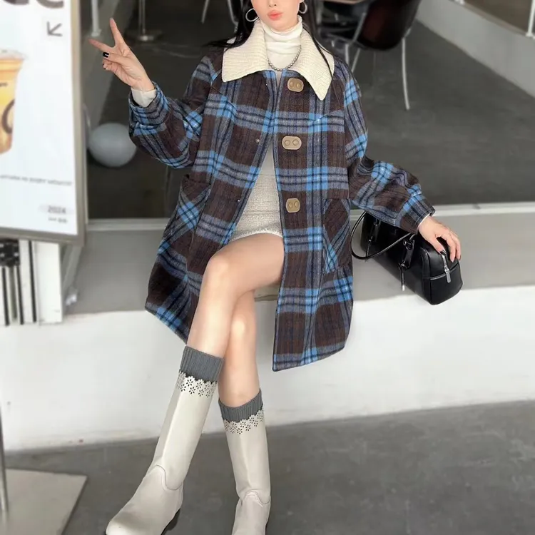 【中长款】韩系复古格纹可拆卸针织翻领毛呢外套女5185-9576