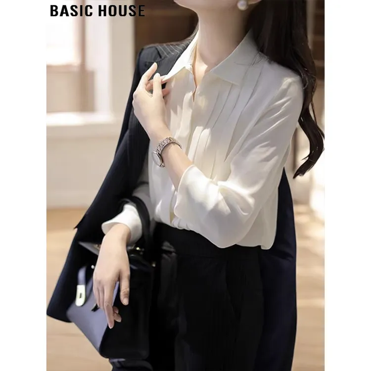 Basic House/百家好白色长袖衬衫女2025早秋新品通勤叠穿宽松衬衣