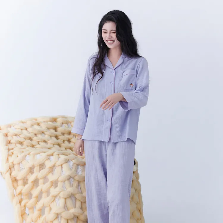【娜兰】全棉双层纱刺绣四季家居服套装绉绉纱睡衣