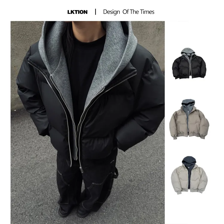 LK正品  冬季美式复古连帽休闲通勤假2件pu软皮加厚保暖棉服外套