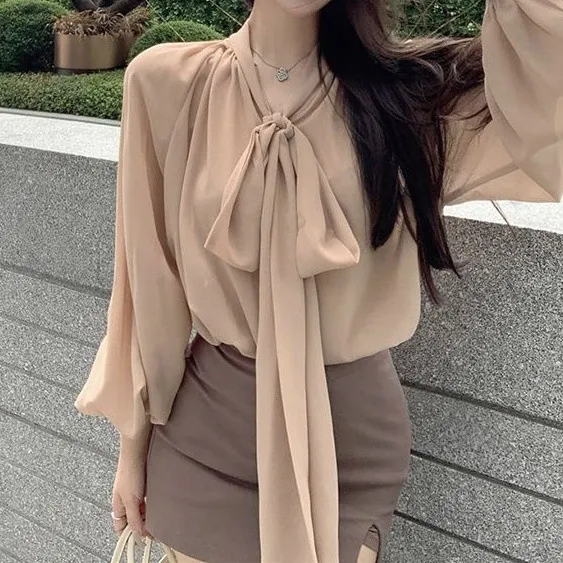 法式蝴蝶结绑带长袖雪纺衬衫女新款宽松设计感气质百搭中长款上衣