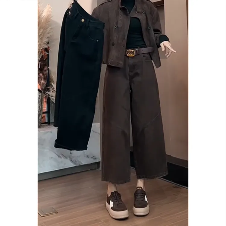 艾塔莉直筒牛仔裤秋季新款女百搭宽松阔腿裤拼接美式显瘦八分裤子