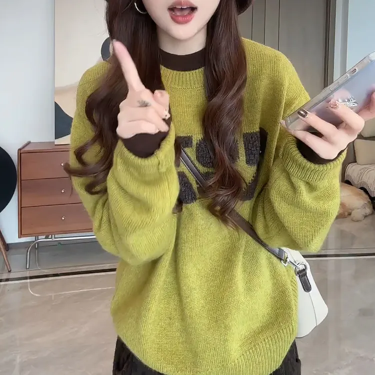秋冬新款休闲风洋气慵懒感宽松针织衫套头圆领字母毛衣LK2507345