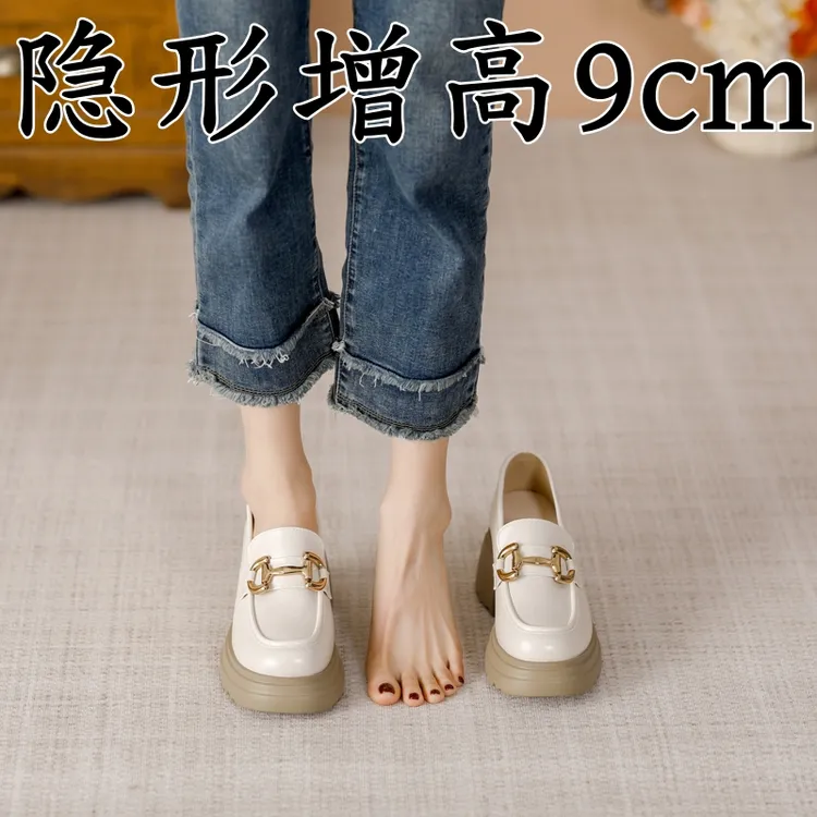 浅口防滑英伦风乐福鞋真皮单鞋休闲粗跟春季方头厚底增高小个子女