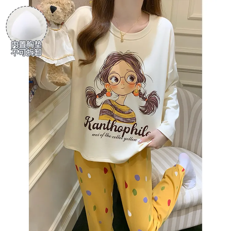 带胸垫睡衣女款爆款2025新款可爱风春秋长袖家居服套装大码可外穿
