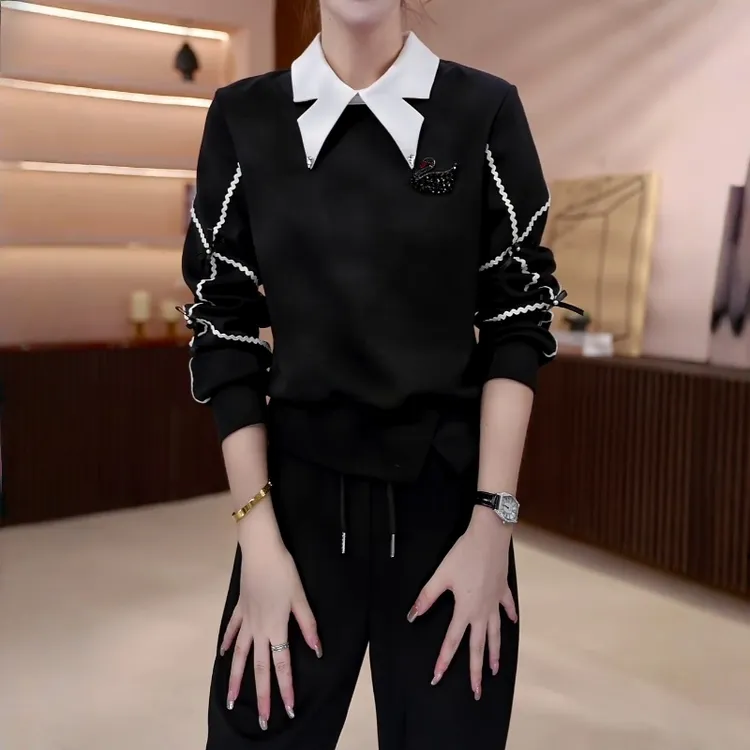 韩版设计感拼接假两件长袖套头卫衣女2025秋季新款宽松显瘦上衣潮