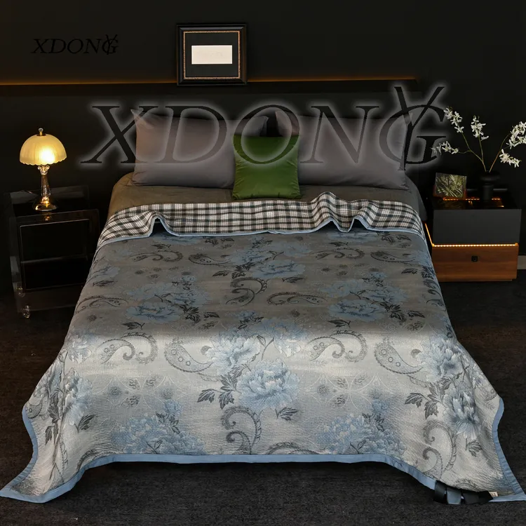 XDONGY（冬云家纺）高定230*250铂金羊 绒雨露棉麻 牡丹亭叙蓝 床盖