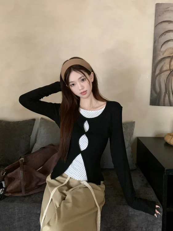 假两件镂空波点长袖t恤女秋季新款修身针织上衣