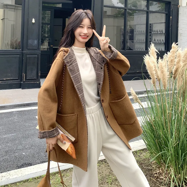 格子减龄连帽双面羊毛绒大衣冬2025新款韩版宽松中长款羊毛呢外套