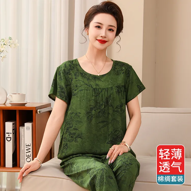 妈妈睡衣女2025年夏季新款棉绸家居服套装中老年人大码短袖两件套