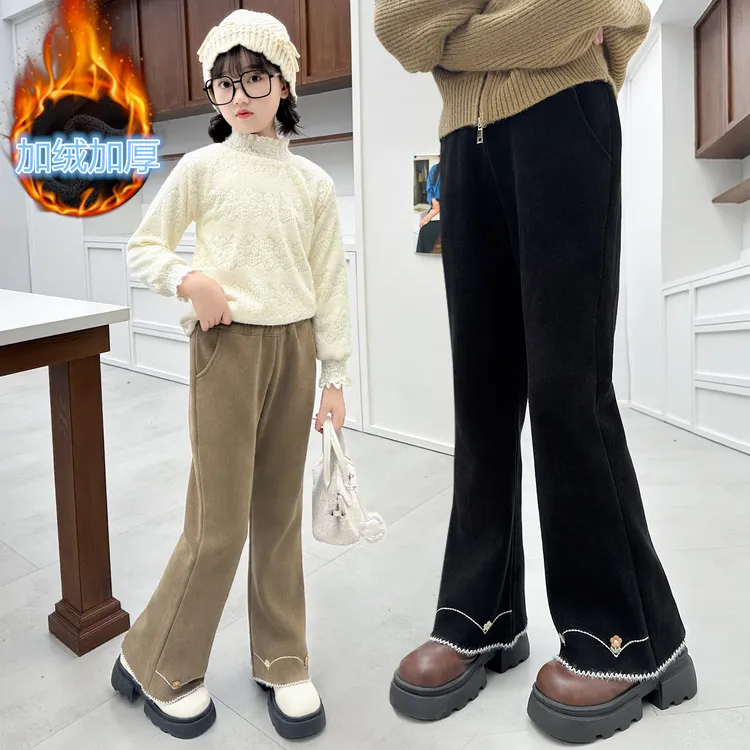 女童秋冬款加绒加厚长裤子新款儿童休闲裤中大童洋气喇叭裤阔腿裤