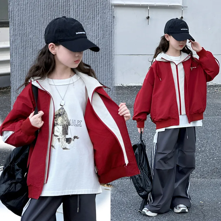 女童外套2025新款红色洋气儿童秋装假两件开衫卫衣女大童连帽上衣
