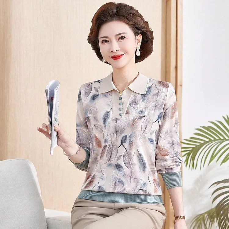 洋气妈妈春装翻领小衫新款时尚气质女士T恤中老年女春秋长袖上衣