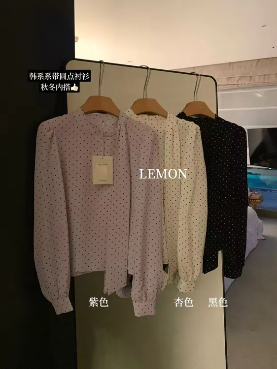黑豆+《现货现发》波点衬衫女甜美蝴蝶结系带衬衣法式灯笼长袖设计