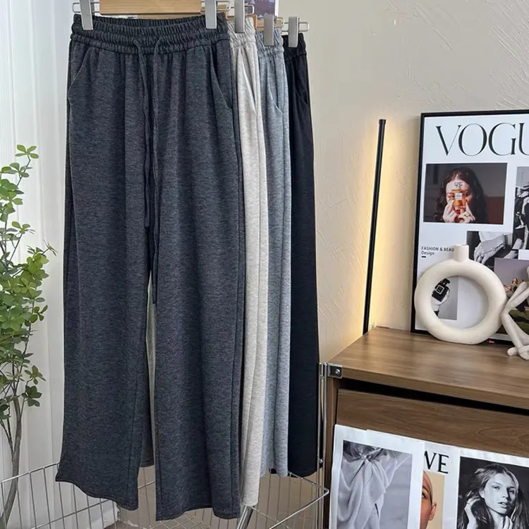秋冬加绒高腰垂感灰色糯米裤女小个子直筒休闲拖地阔腿裤