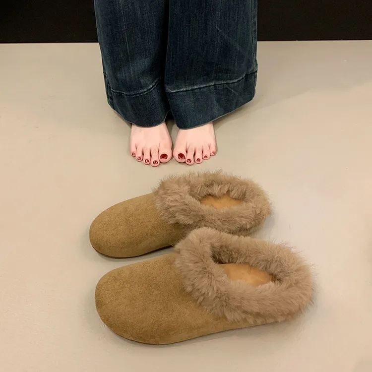 女士秋冬厚底加绒穆勒鞋毛毛勃肯半拖鞋外穿2025新款懒人包头棉拖