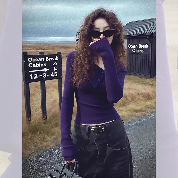 别致独特漂亮内搭紫色翻领小衫韩系针织打底衫洋气高贵上衣女秋冬
