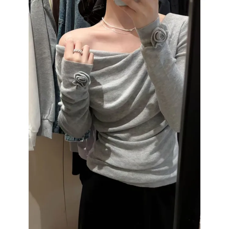 氧气韩女三种穿法立体山茶花针织上衣