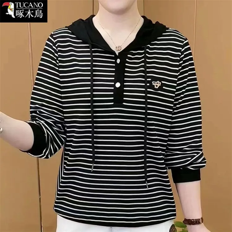 啄木鸟长袖连帽条纹卫衣女2025年新款时尚高级感秋季洋气拼色上衣