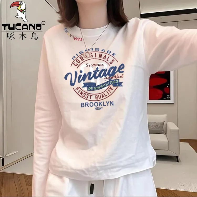 啄木鸟纯棉圆领长袖T恤女装高级感别致休闲打底衫新款秋宽松上衣
