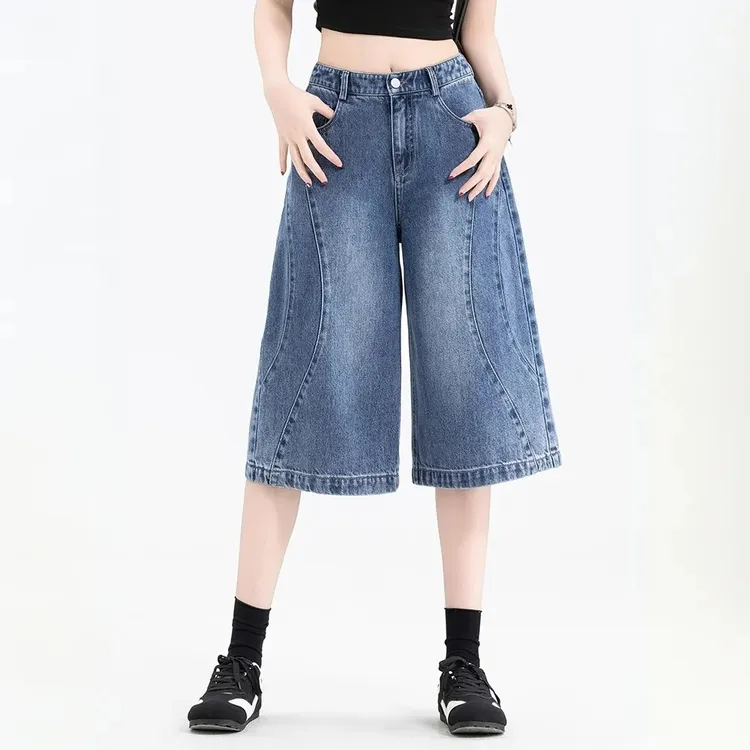 美式牛仔裤女2025新款夏季薄款六分裤高腰过膝复古蓝阔腿中裤百搭