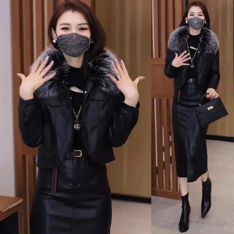 加绒加厚皮衣皮裙套装女2024秋冬季新款时尚短款外套半身裙两件套