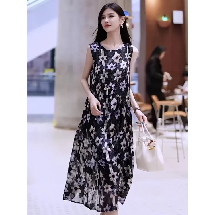 2276#夏季复古背心连衣裙女a字裙气质新款圆领无袖印花度假风长裙