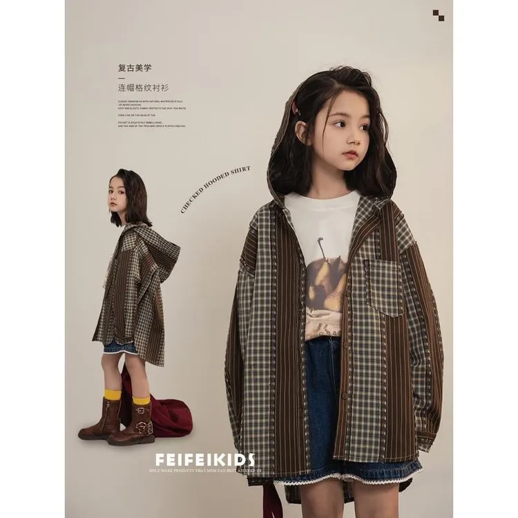 女童衬衫外套2025新款儿童春夏过渡连帽洋气格纹宽松休闲童装上衣