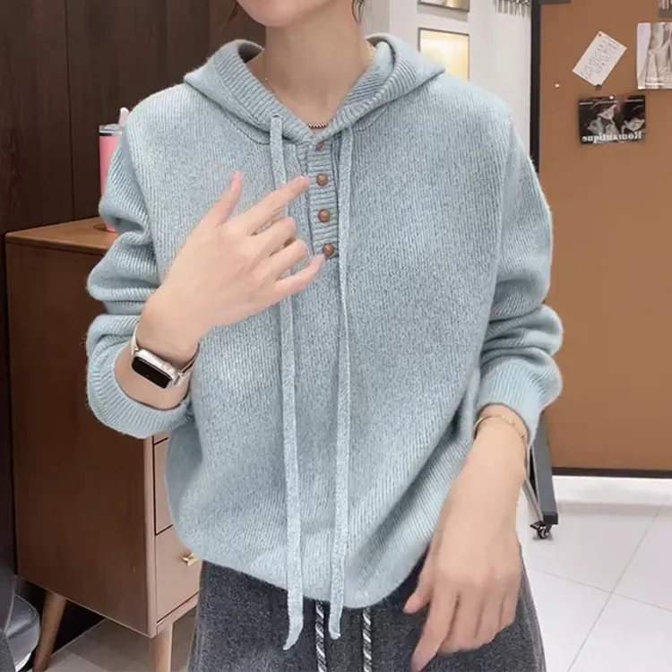 韩版时尚简约连帽针织衫女2025秋季新款气质洋气宽松显瘦减龄上衣