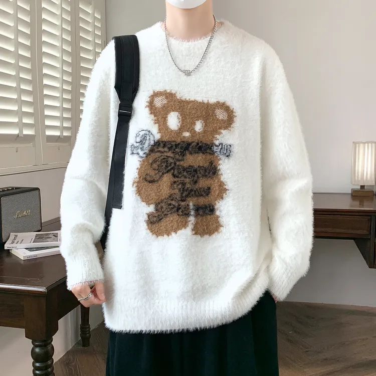 软糯糯水貂绒毛衣男款秋冬季青少年加厚保暖潮牌小熊内搭打底线衣