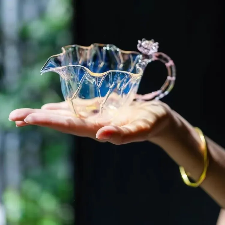 纯手工古法冰烧熏银荷叶玻璃茶海分茶器耐高温仙女用玻璃公杯